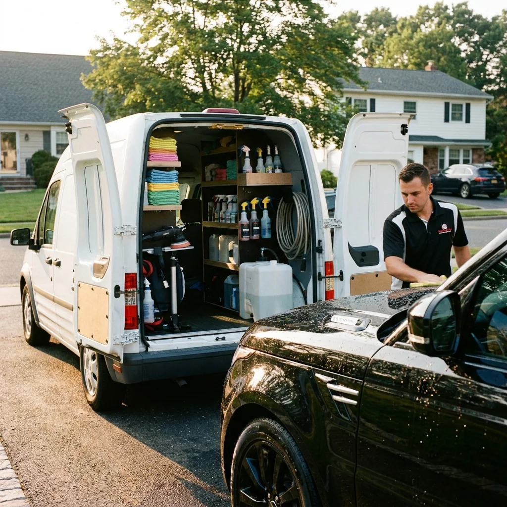 Al's Auto Detailing mobile rig — organized supplies, microfiber towels, and ceramic sealant set up next to a freshly washed SUV in a Long Island driveway