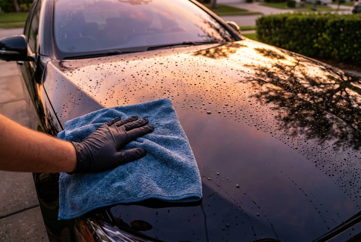 Al's Auto Detailing — gloved hand wiping water beads off a glossy black hood at golden hour on a Long Island driveway
